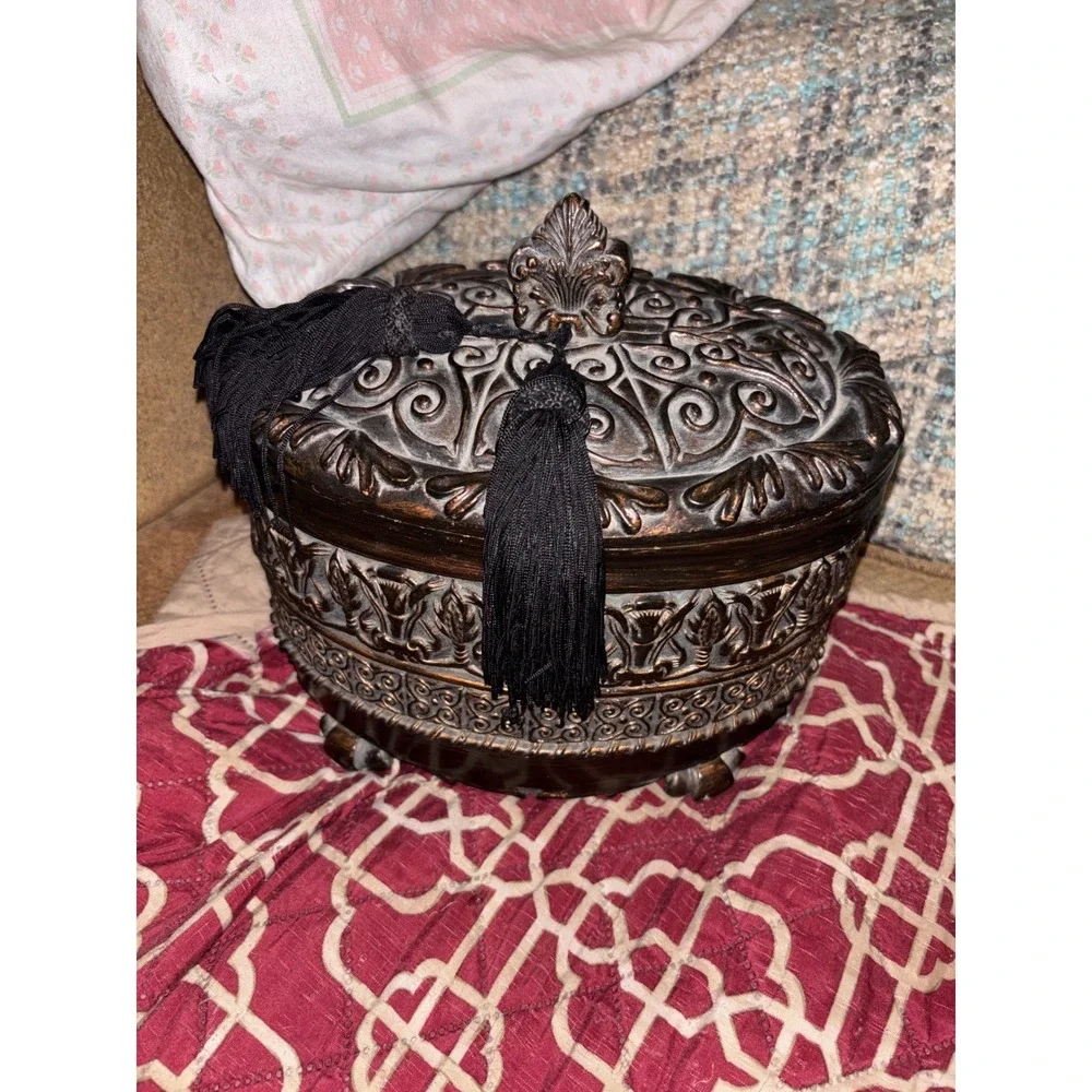 Vintage Style Bronze Ornate Oval Trinket Box with Black Tassels & Felt Lining